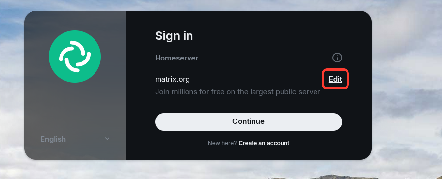 Element sign-in screen showing matrix.org with the Edit button highlighted