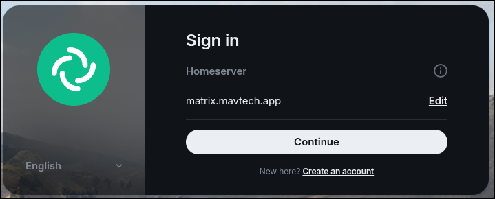 Alternate Element sign-in screen showing matrix.mavtech.app as the homeserver