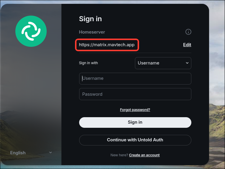 Element sign-in screen with https://matrix.mavtech.app highlighted as the homeserver