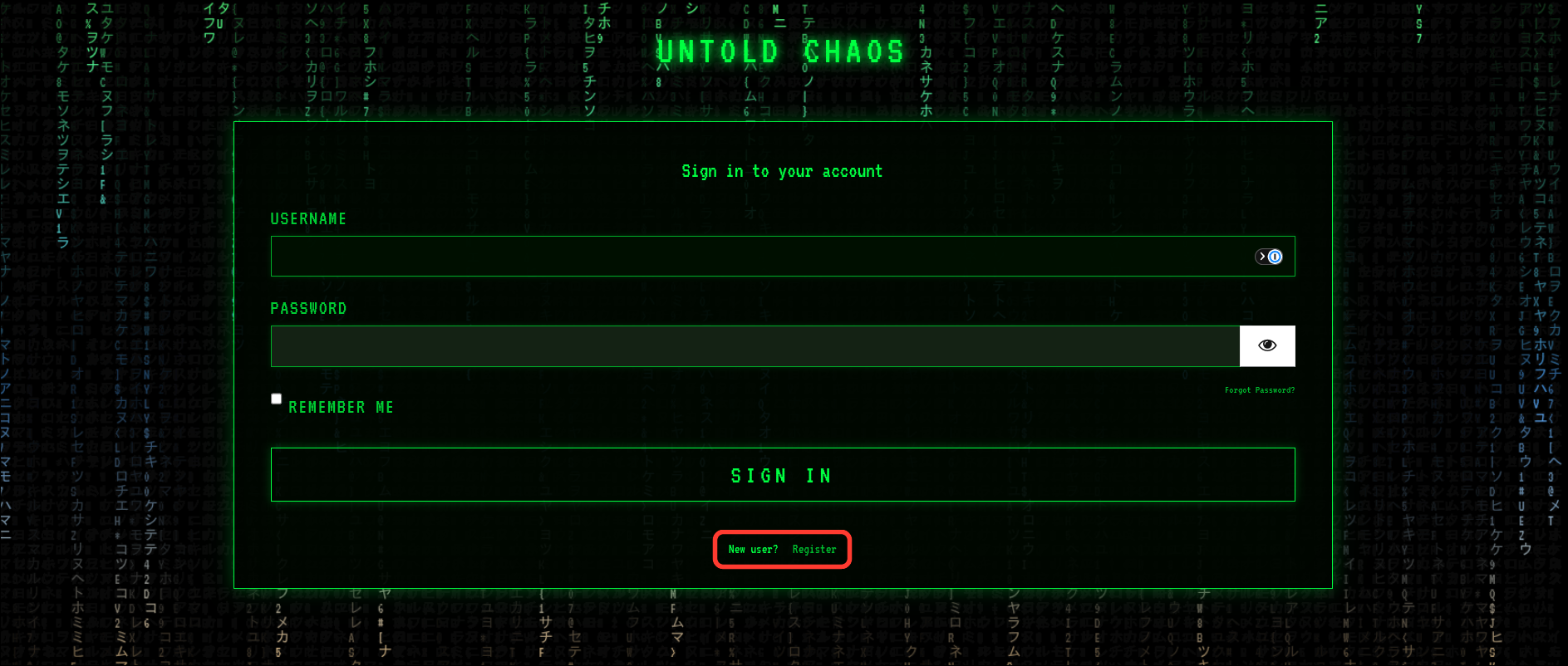 The Untold Chaos sign-in page with the New user? Register link at the bottom highlighted